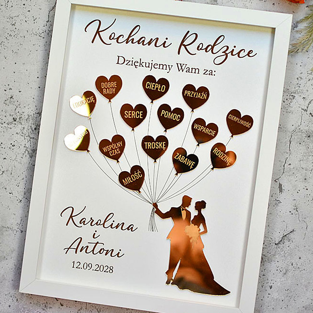 podziękowania ślubne dla rodziców, obraz w białej ramce ze złotymi balonikami